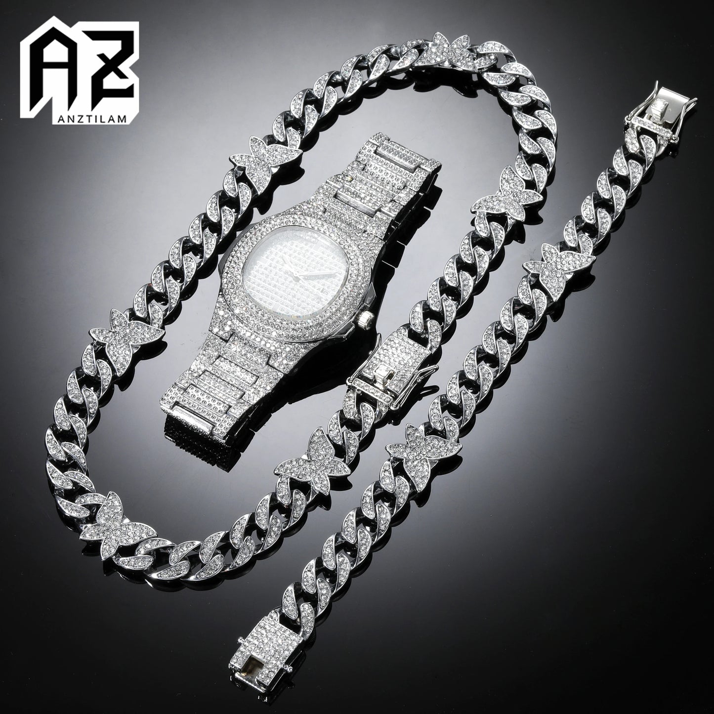 AZ Cuban Link Chain Butterfly Bracelets Watch Necklaces 3-Pieces Set For Women Hip Hop Iced Out Jewelry For Men Goth Jewellry