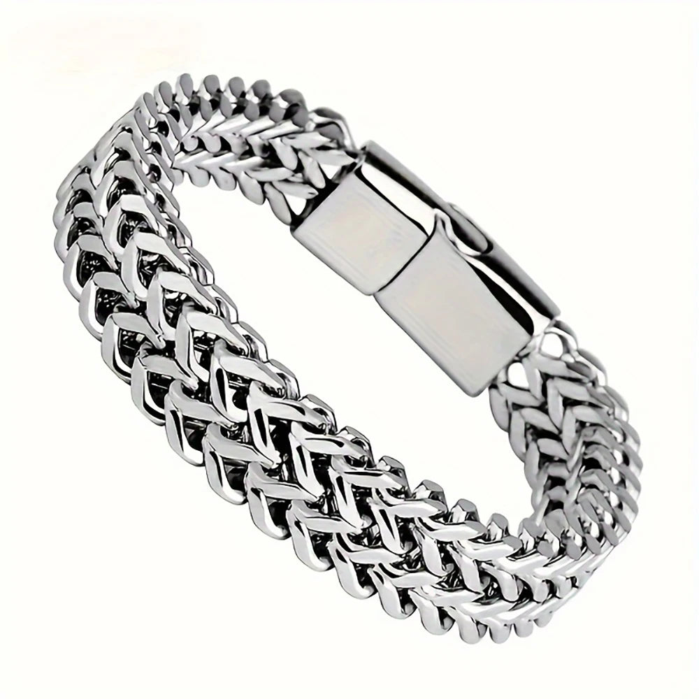 Stainless Steel Braided Double Row Front and Rear Fish Scale Magnetic Buckle Bracelet