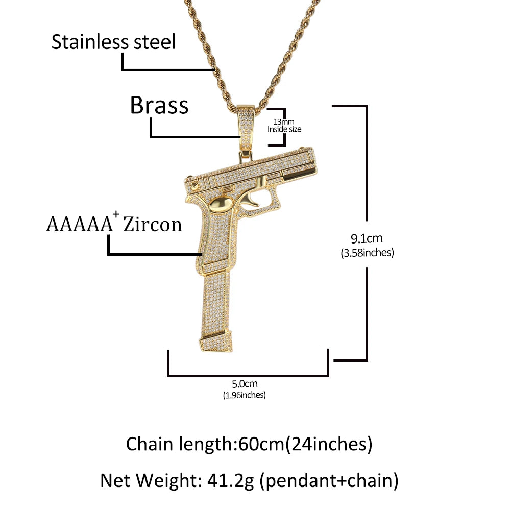 Iced Out Full Zirconia Large Size Pistol Gun Pendant chain