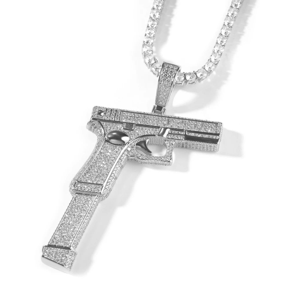 Iced Out Full Zirconia Large Size Pistol Gun Pendant chain
