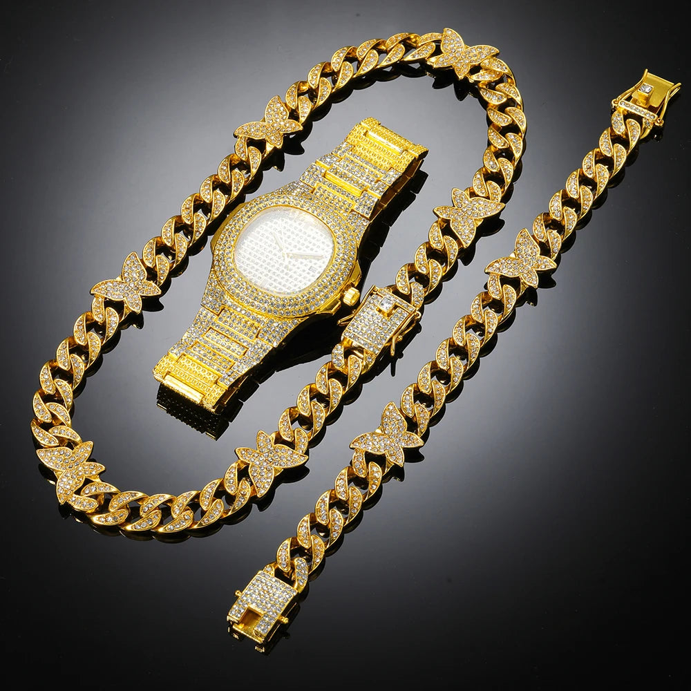 AZ Cuban Link Chain Butterfly Bracelets Watch Necklaces 3-Pieces Set For Women Hip Hop Iced Out Jewelry For Men Goth Jewellry