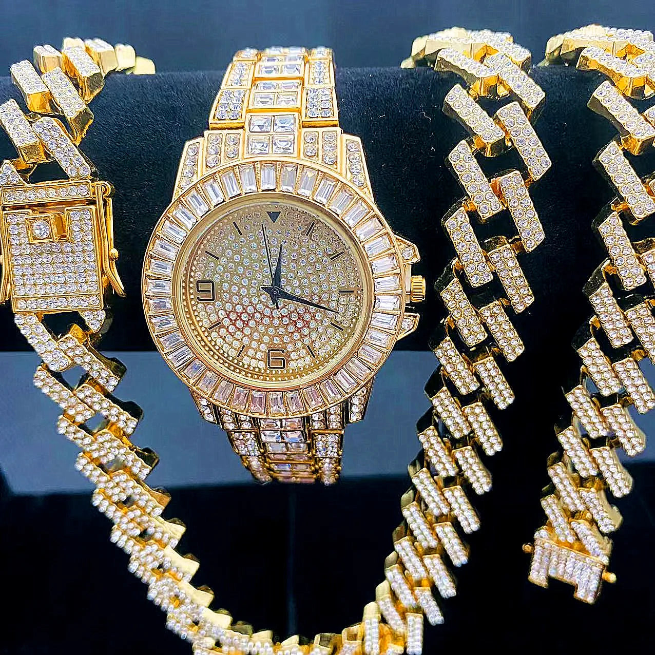 3PCS Jewelry Set Iced Out Watch +chain+ Bracelet 15mm Diamond Miama Cuban Link Big Gold Chains