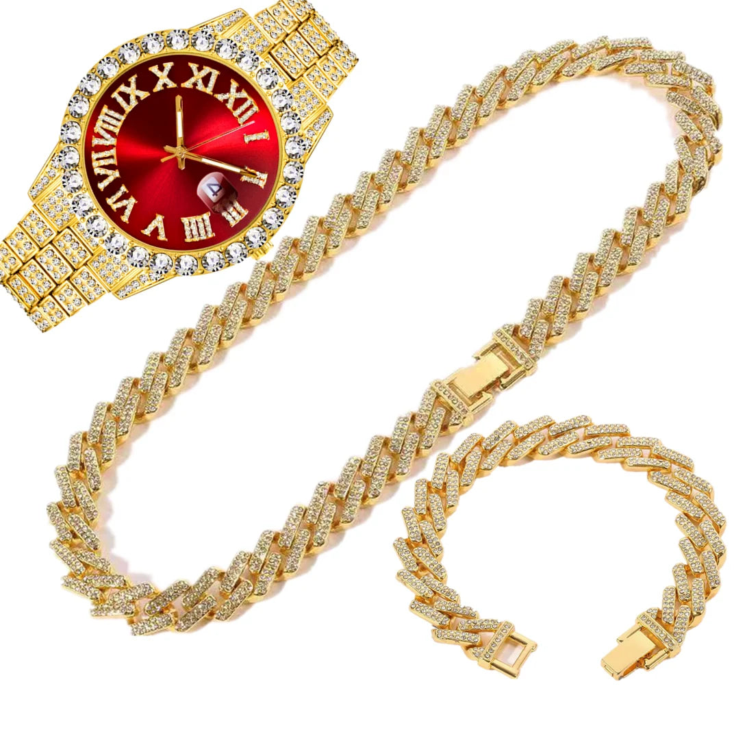 Full Iced Out Watch Mens Cuban Chain Bracelet Initial Necklaces Choker Hip Hop Jewelry for Men Gold Chains Watch Men Jewelry Set