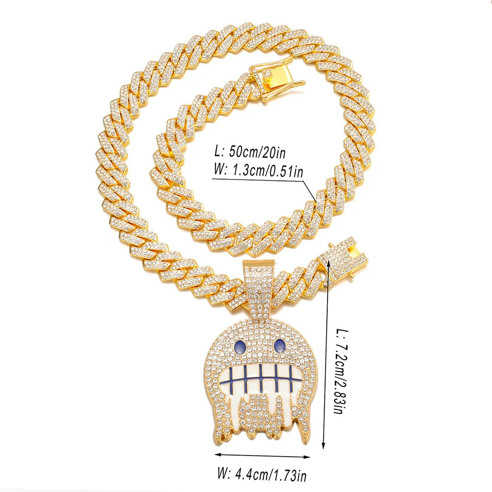 Men White Blue Cubic Zirconia Paved Round Face Pendants Cuban Chain Iced Out