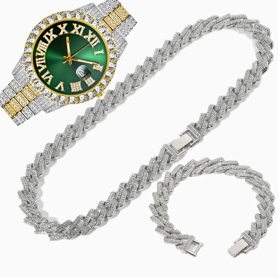 Full Iced Out Watch Mens Cuban Chain Bracelet Initial Necklaces Choker Hip Hop Jewelry for Men Gold Chains Watch Men Jewelry Set
