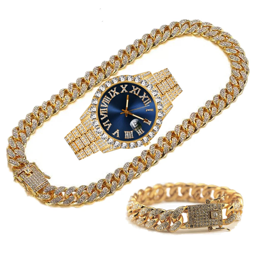 Full Iced Out Watch Mens Cuban Chain Bracelet Initial Necklaces Choker Hip Hop Jewelry for Men Gold Chains Watch Men Jewelry Set