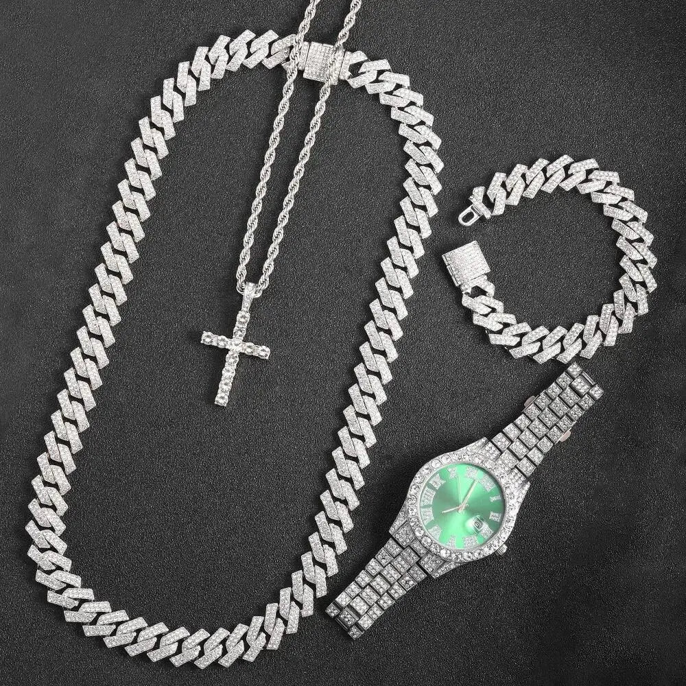 16mm Miami Cuban Link Chain Set +Watch+Bracelet Iced Out Shiny Jewelry