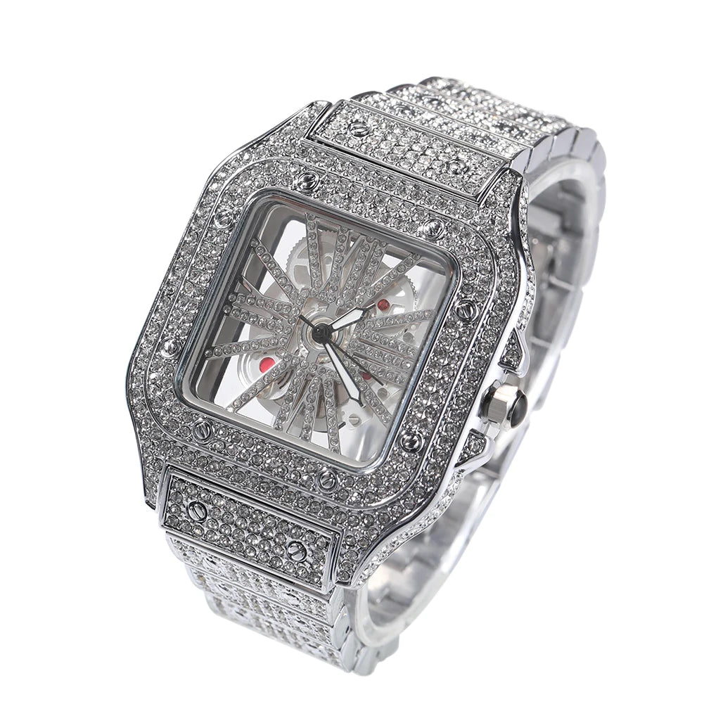 Men's Transparent Square Dial Icy Quartz Watch Iced Out Rhinestone Luxury Automatic Wrist Watches 35mm Skeleton Clock New Design