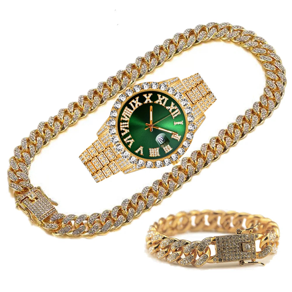 Full Iced Out Watch Mens Cuban Chain Bracelet Initial Necklaces Choker Hip Hop Jewelry for Men Gold Chains Watch Men Jewelry Set