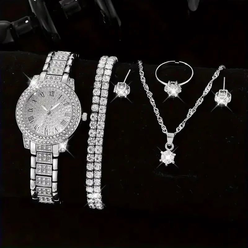 6PCS Crystal Quartz Watch Rhinestone Bracelet Montre