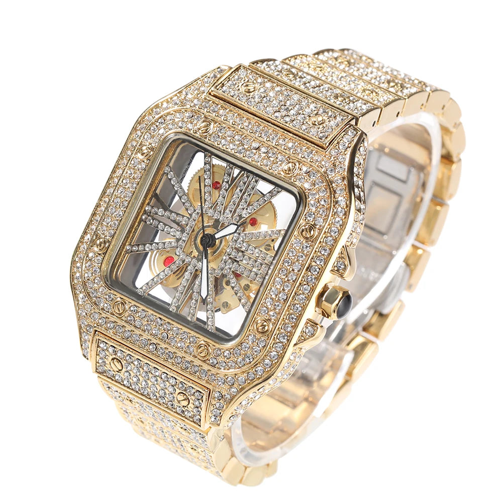 Men's Transparent Square Dial Icy Quartz Watch Iced Out Rhinestone Luxury Automatic Wrist Watches 35mm Skeleton Clock New Design